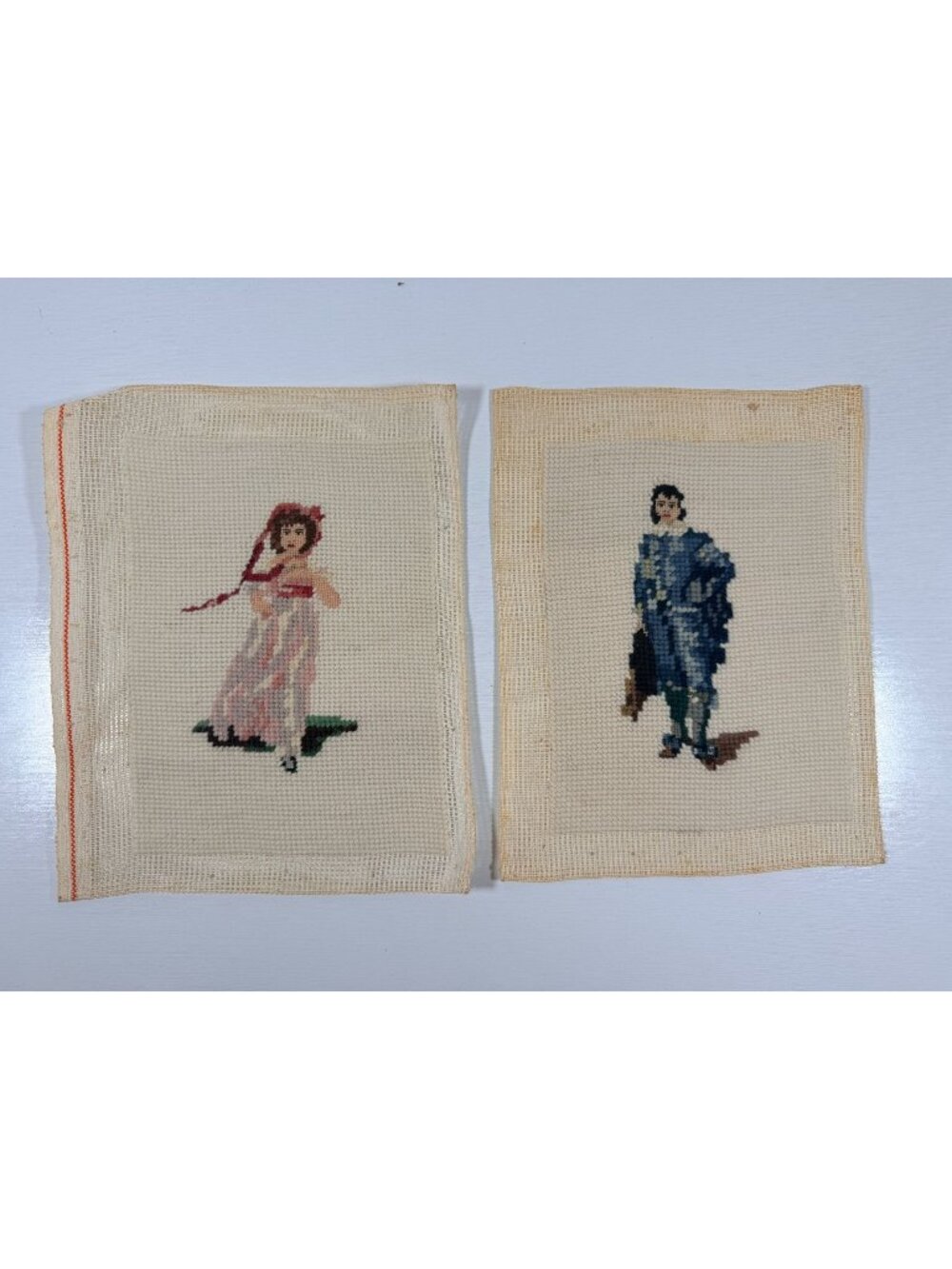 Vintage Set Colonial Couple Needlepoint Tapestry Man Woman Victorian Lady 6x8"